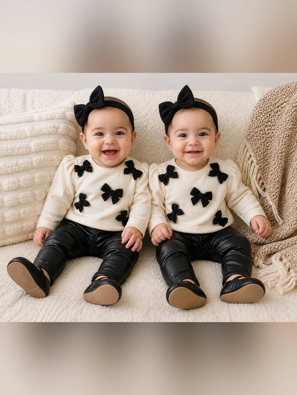 Nicole Miller Twin Baby Girl Sets 2 Matching Outfits Cream Bow Tops Faux Leather